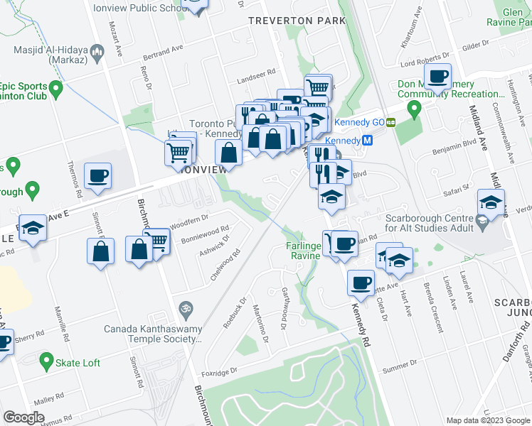 map of restaurants, bars, coffee shops, grocery stores, and more near 740 Kennedy Road in Toronto