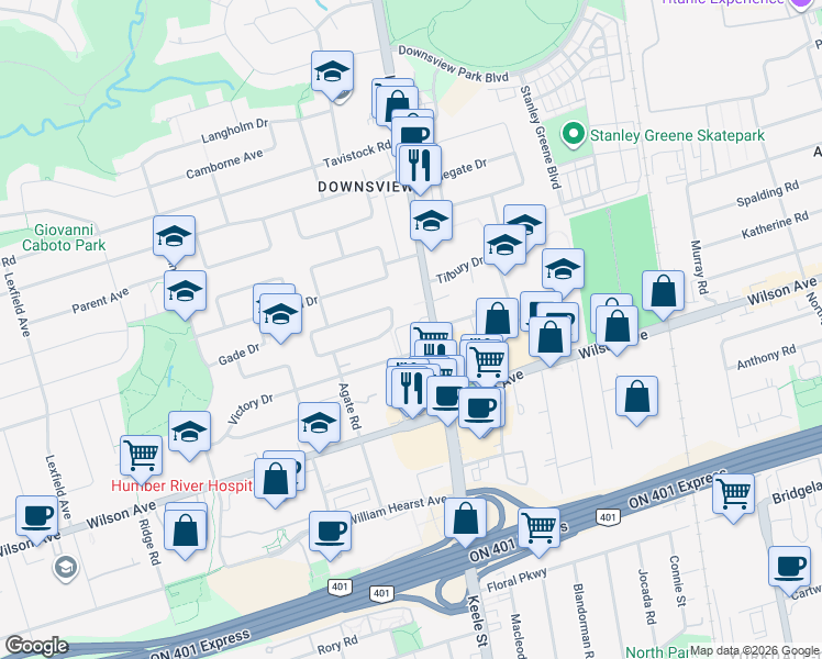 map of restaurants, bars, coffee shops, grocery stores, and more near 2808 Keele Street in Toronto