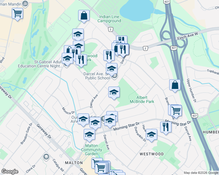 map of restaurants, bars, coffee shops, grocery stores, and more near 7615 Darcel Avenue in Mississauga