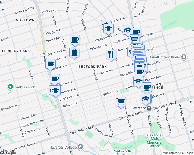 map of restaurants, bars, coffee shops, grocery stores, and more near in Toronto