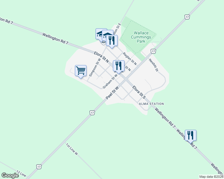 map of restaurants, bars, coffee shops, grocery stores, and more near 28 Peel Street West in Mapleton