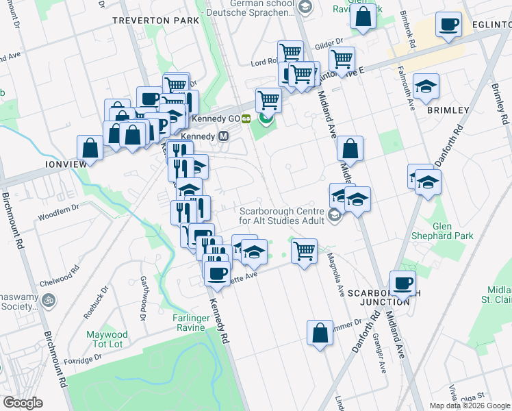 map of restaurants, bars, coffee shops, grocery stores, and more near 53 Saugeen Crescent in Toronto