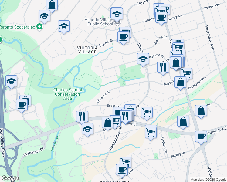 map of restaurants, bars, coffee shops, grocery stores, and more near 121 Elvaston Drive in Toronto