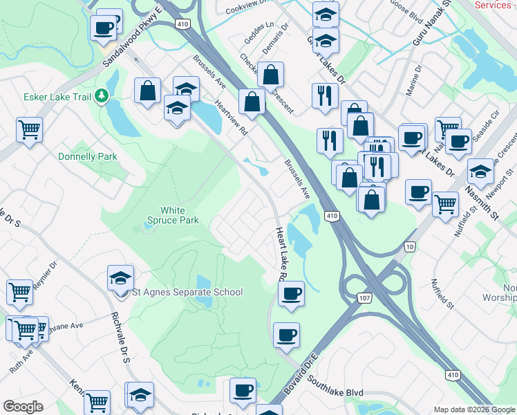 map of restaurants, bars, coffee shops, grocery stores, and more near 10 Rabbit Run Way in Brampton