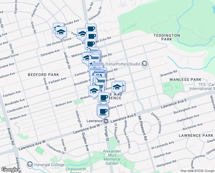 map of restaurants, bars, coffee shops, grocery stores, and more near 40 Bowood Avenue in Toronto