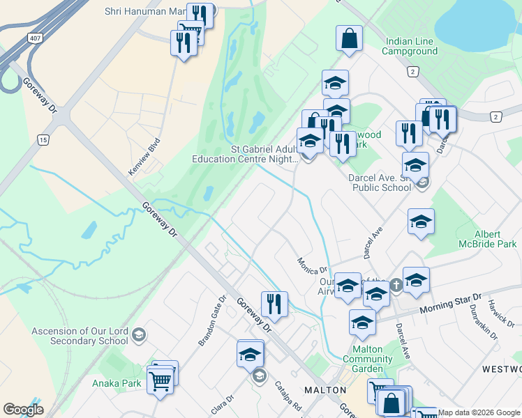 map of restaurants, bars, coffee shops, grocery stores, and more near 3404 Monica Drive in Mississauga
