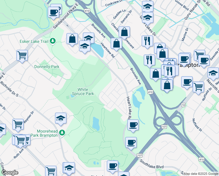 map of restaurants, bars, coffee shops, grocery stores, and more near 21 Kayak Heights in Brampton