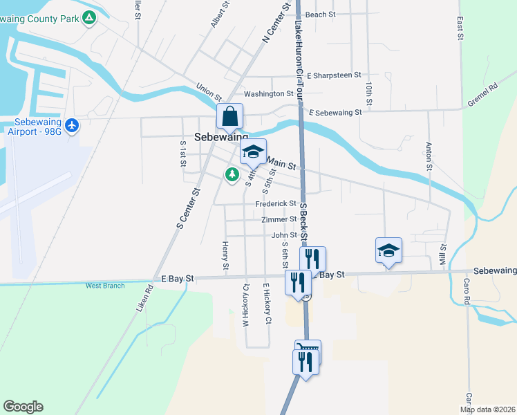 map of restaurants, bars, coffee shops, grocery stores, and more near 325 Frederick Street in Sebewaing