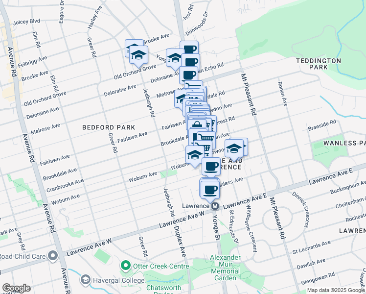 map of restaurants, bars, coffee shops, grocery stores, and more near in Toronto