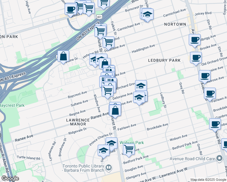 map of restaurants, bars, coffee shops, grocery stores, and more near in Toronto