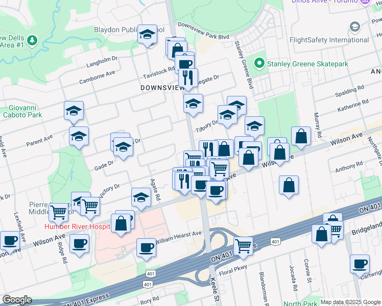 map of restaurants, bars, coffee shops, grocery stores, and more near in Toronto