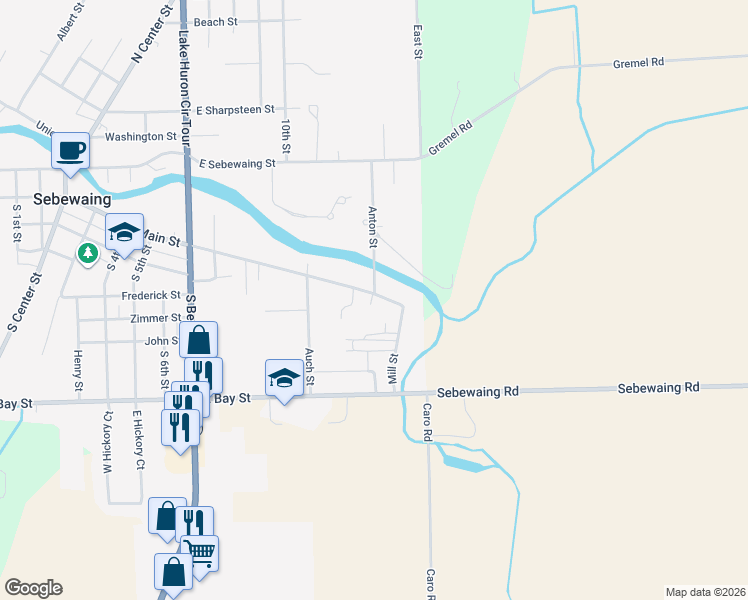 map of restaurants, bars, coffee shops, grocery stores, and more near 904 East Main Street in Sebewaing