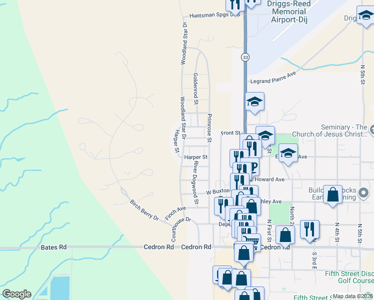 map of restaurants, bars, coffee shops, grocery stores, and more near 725 Jasmine Avenue in Driggs