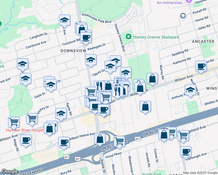 map of restaurants, bars, coffee shops, grocery stores, and more near 31 Paxtonia Boulevard in Toronto