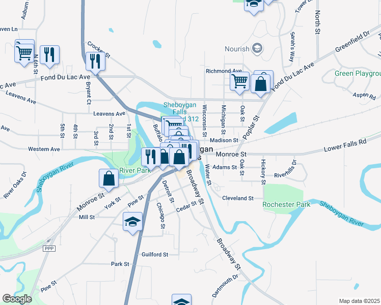map of restaurants, bars, coffee shops, grocery stores, and more near 636 Monroe Street in Sheboygan Falls