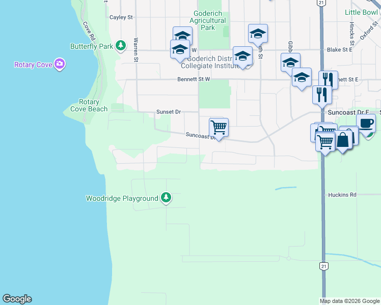 map of restaurants, bars, coffee shops, grocery stores, and more near 124 Brimicombe Crescent in Goderich