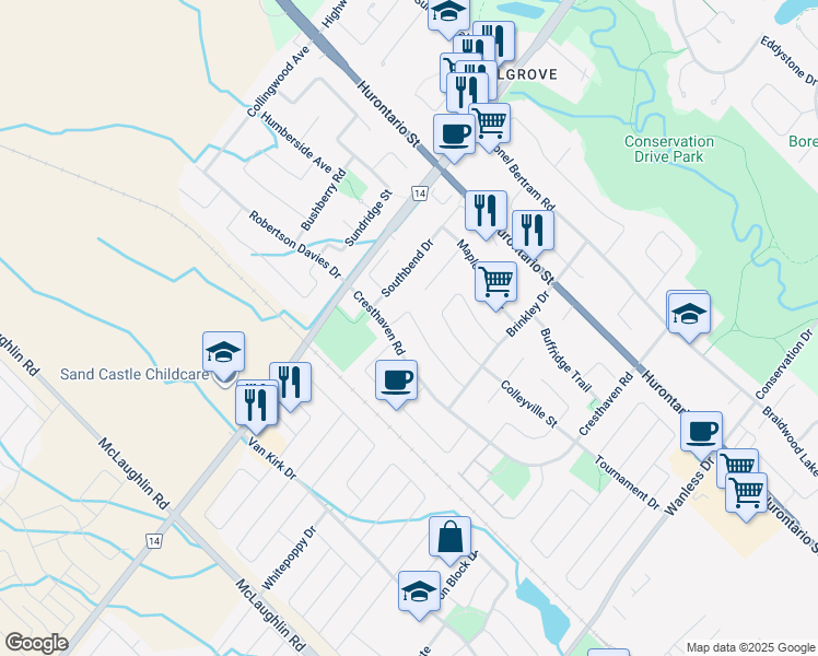 map of restaurants, bars, coffee shops, grocery stores, and more near in Brampton