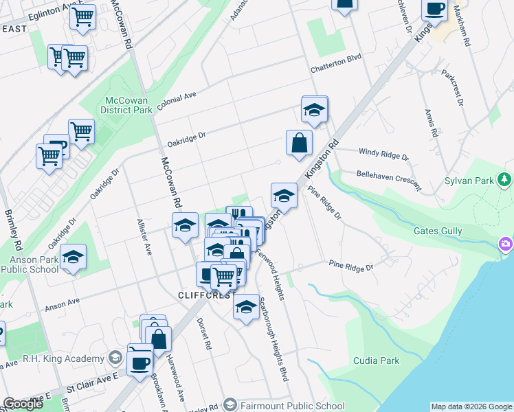 map of restaurants, bars, coffee shops, grocery stores, and more near 9 Rockwood Drive in Toronto