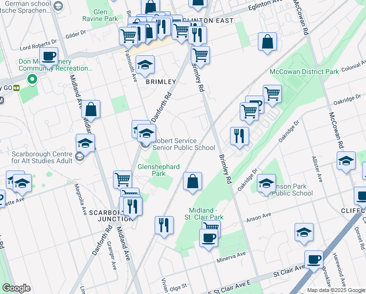 map of restaurants, bars, coffee shops, grocery stores, and more near 81 Glenshephard Drive in Toronto