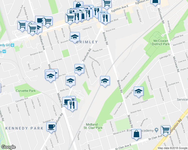 map of restaurants, bars, coffee shops, grocery stores, and more near 8 Lombardy Crescent in Toronto
