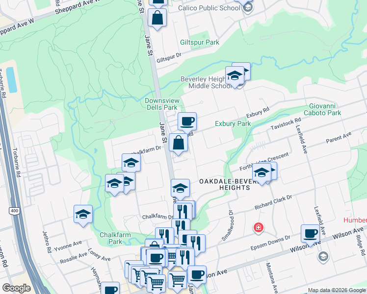 map of restaurants, bars, coffee shops, grocery stores, and more near 190 Exbury Road in Toronto
