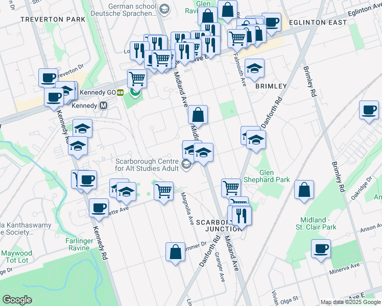 map of restaurants, bars, coffee shops, grocery stores, and more near 740 Midland Avenue in Toronto