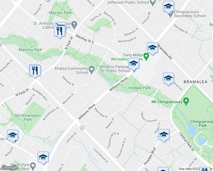 map of restaurants, bars, coffee shops, grocery stores, and more near 70 Montjoy Crescent in Brampton