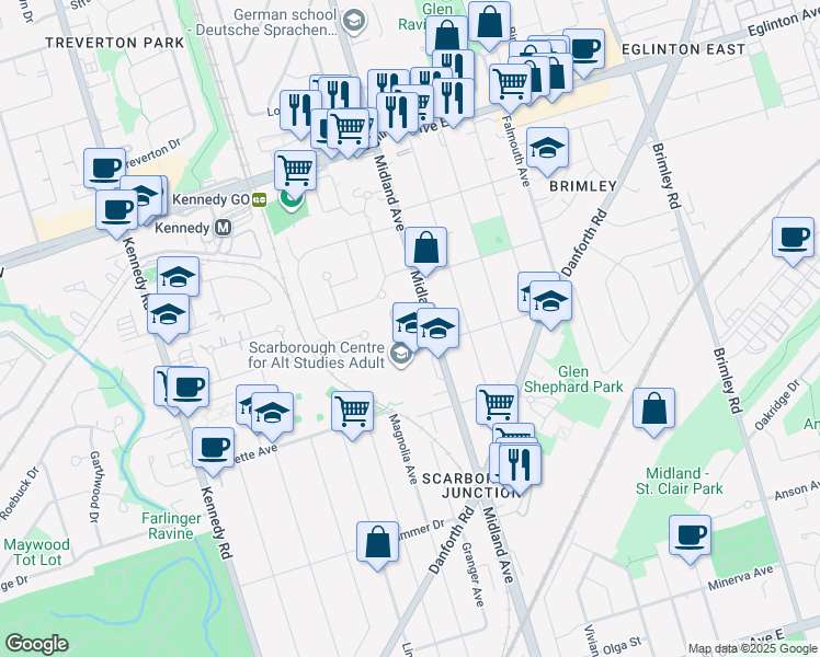 map of restaurants, bars, coffee shops, grocery stores, and more near in Toronto