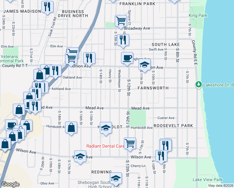 map of restaurants, bars, coffee shops, grocery stores, and more near 1245 Ashland Avenue in Sheboygan