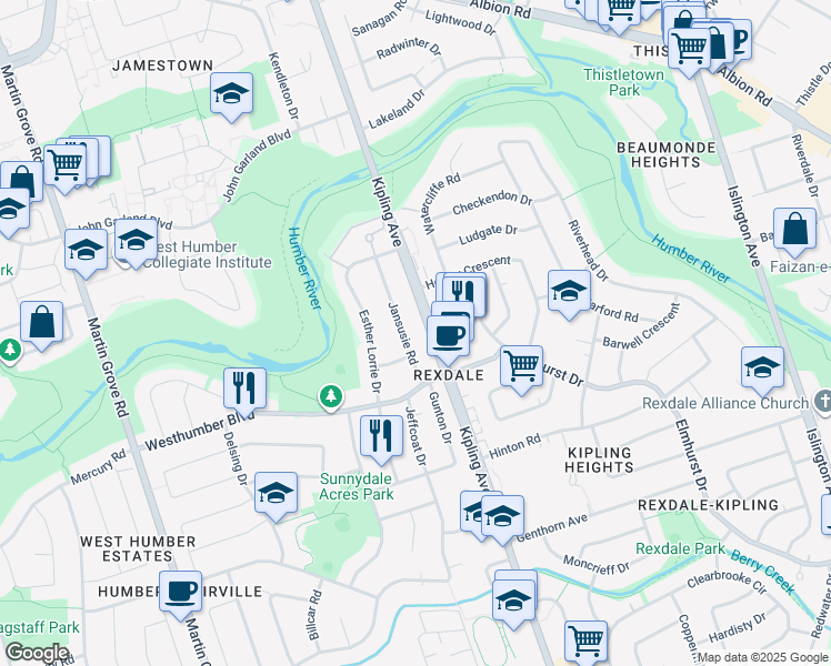 map of restaurants, bars, coffee shops, grocery stores, and more near 15 Jansusie Road in Toronto