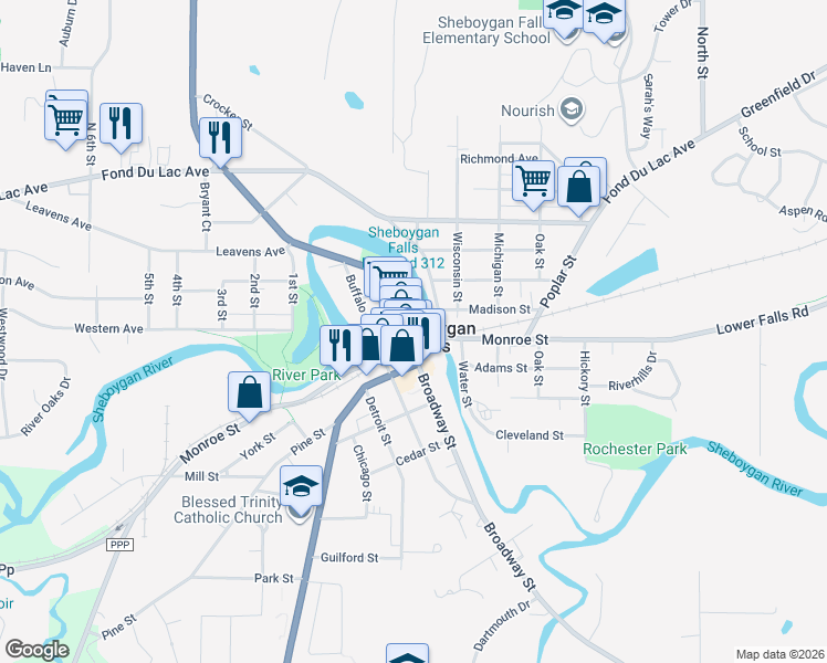 map of restaurants, bars, coffee shops, grocery stores, and more near 404 Broadway Street in Sheboygan Falls