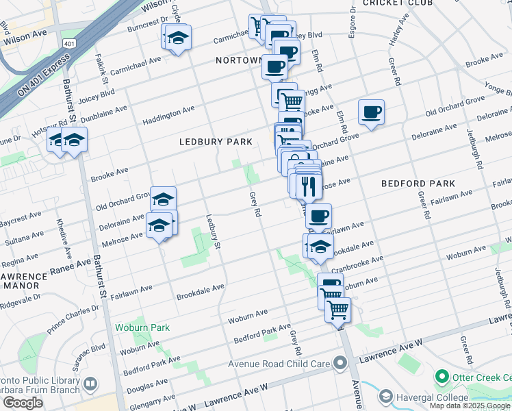 map of restaurants, bars, coffee shops, grocery stores, and more near 89 Grey Road in Toronto