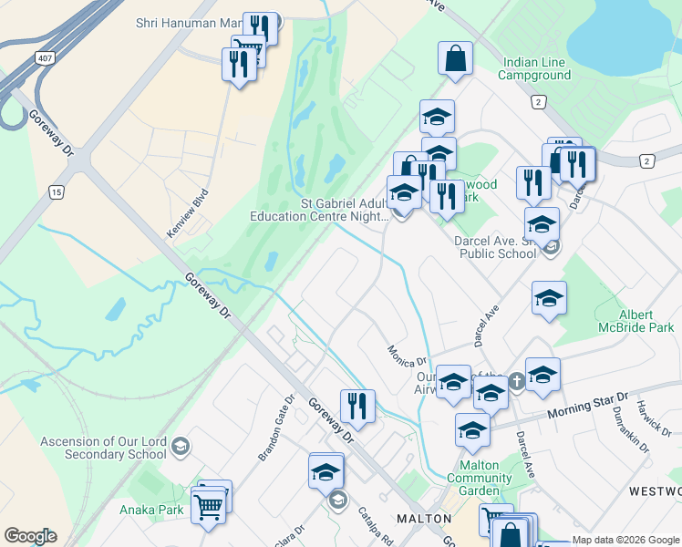 map of restaurants, bars, coffee shops, grocery stores, and more near 3404 Monica Drive in Mississauga