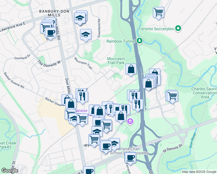 map of restaurants, bars, coffee shops, grocery stores, and more near 72 David Dunlap Circle in Toronto