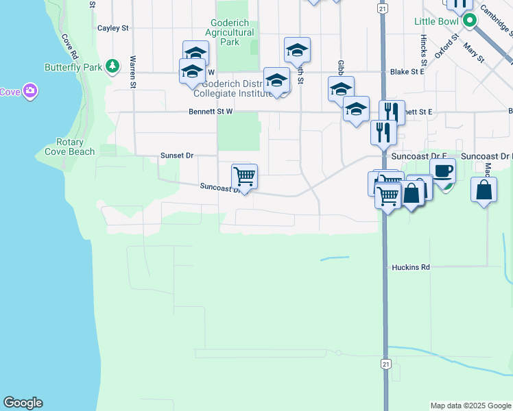 map of restaurants, bars, coffee shops, grocery stores, and more near 46 Balvina Drive West in Goderich