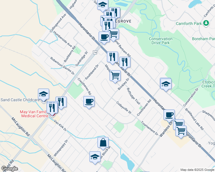 map of restaurants, bars, coffee shops, grocery stores, and more near 22 National Crescent in Brampton