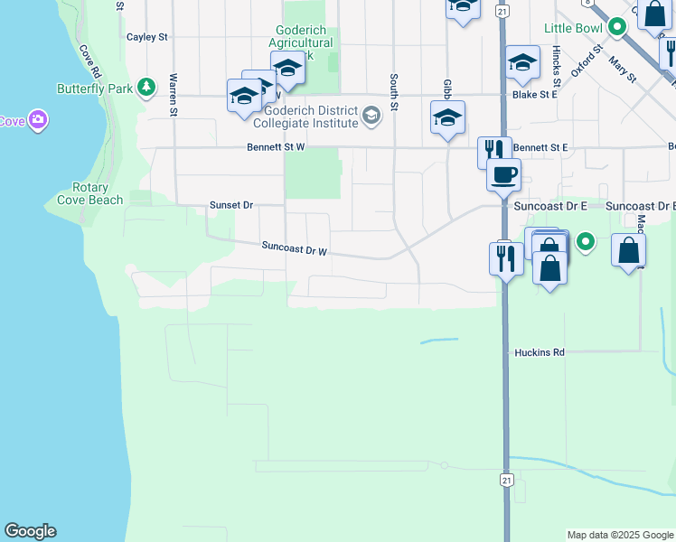 map of restaurants, bars, coffee shops, grocery stores, and more near 46 Balvina Drive West in Goderich