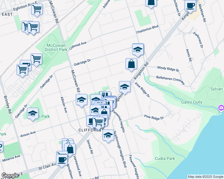 map of restaurants, bars, coffee shops, grocery stores, and more near 25 Rockwood Drive in Toronto