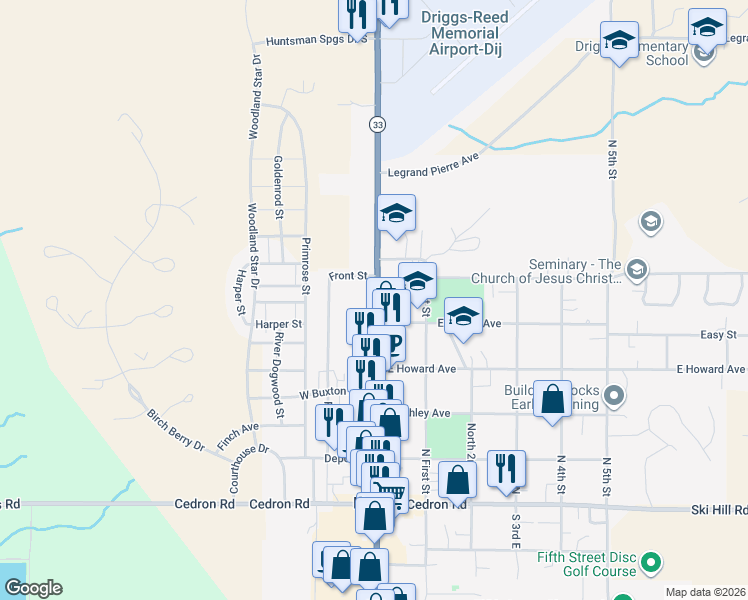 map of restaurants, bars, coffee shops, grocery stores, and more near 476 North Main Street in Driggs