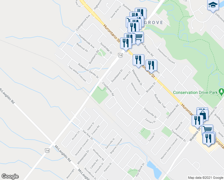 map of restaurants, bars, coffee shops, grocery stores, and more near 65 Creekwood Drive in Brampton