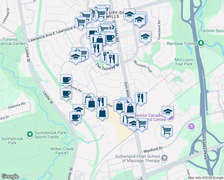 map of restaurants, bars, coffee shops, grocery stores, and more near 160 Cottonwood Drive in Toronto