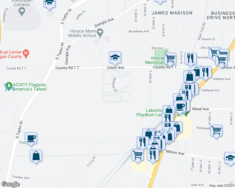 map of restaurants, bars, coffee shops, grocery stores, and more near 2314 Bollman Drive in Sheboygan
