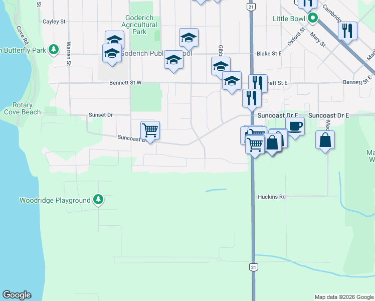 map of restaurants, bars, coffee shops, grocery stores, and more near 17 Suncoast Drive West in Goderich