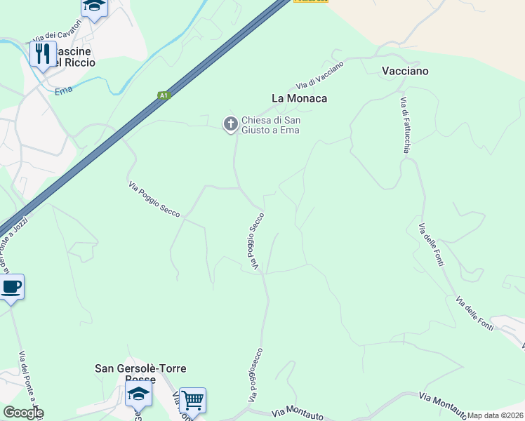 map of restaurants, bars, coffee shops, grocery stores, and more near 6/A Via Vicinale di Poggio Secco in Città Metropolitana di Firenze