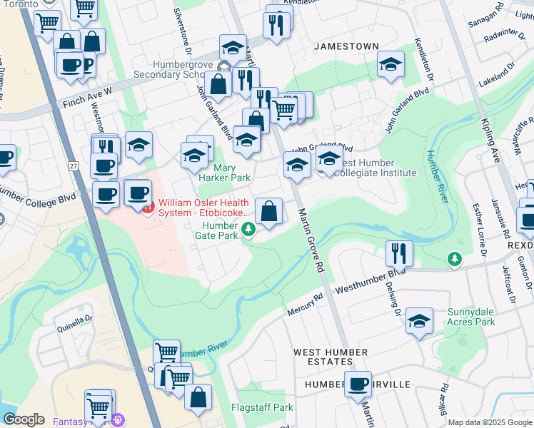 map of restaurants, bars, coffee shops, grocery stores, and more near 23 Milkwood Avenue in Toronto