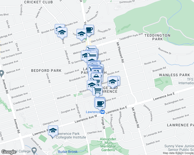map of restaurants, bars, coffee shops, grocery stores, and more near 5 Roslin Ave in Toronto