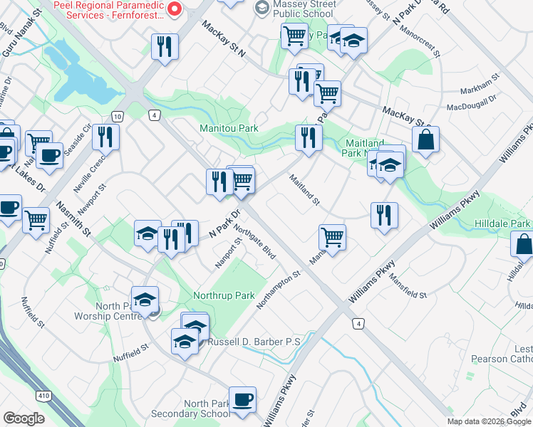 map of restaurants, bars, coffee shops, grocery stores, and more near 48 Malcolm Crescent in Brampton