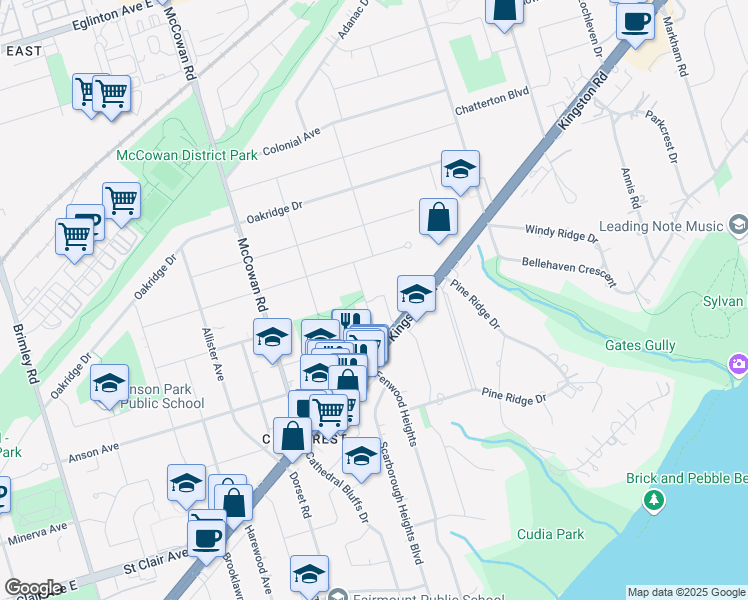map of restaurants, bars, coffee shops, grocery stores, and more near 25 Rockwood Drive in Toronto