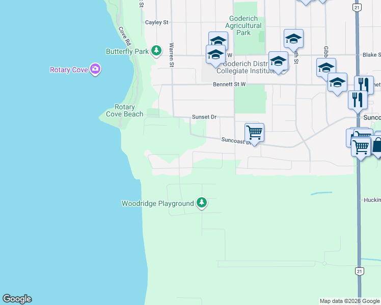 map of restaurants, bars, coffee shops, grocery stores, and more near 196 Brimicombe Crescent in Goderich