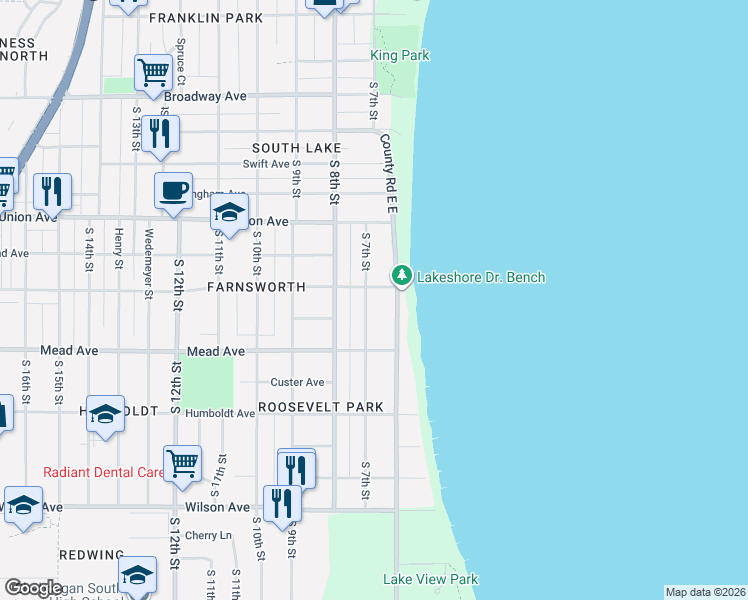 map of restaurants, bars, coffee shops, grocery stores, and more near 619 Ashland Avenue in Sheboygan